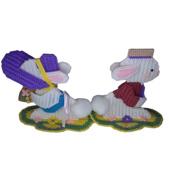 Easter Bunny Decor Vintage Cross stitch on Plastic Form Set of Two - Picture 2 of 7